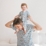 Man wearing the Men's Miffy Peek-a-Boo Blue bamboo pyjama set