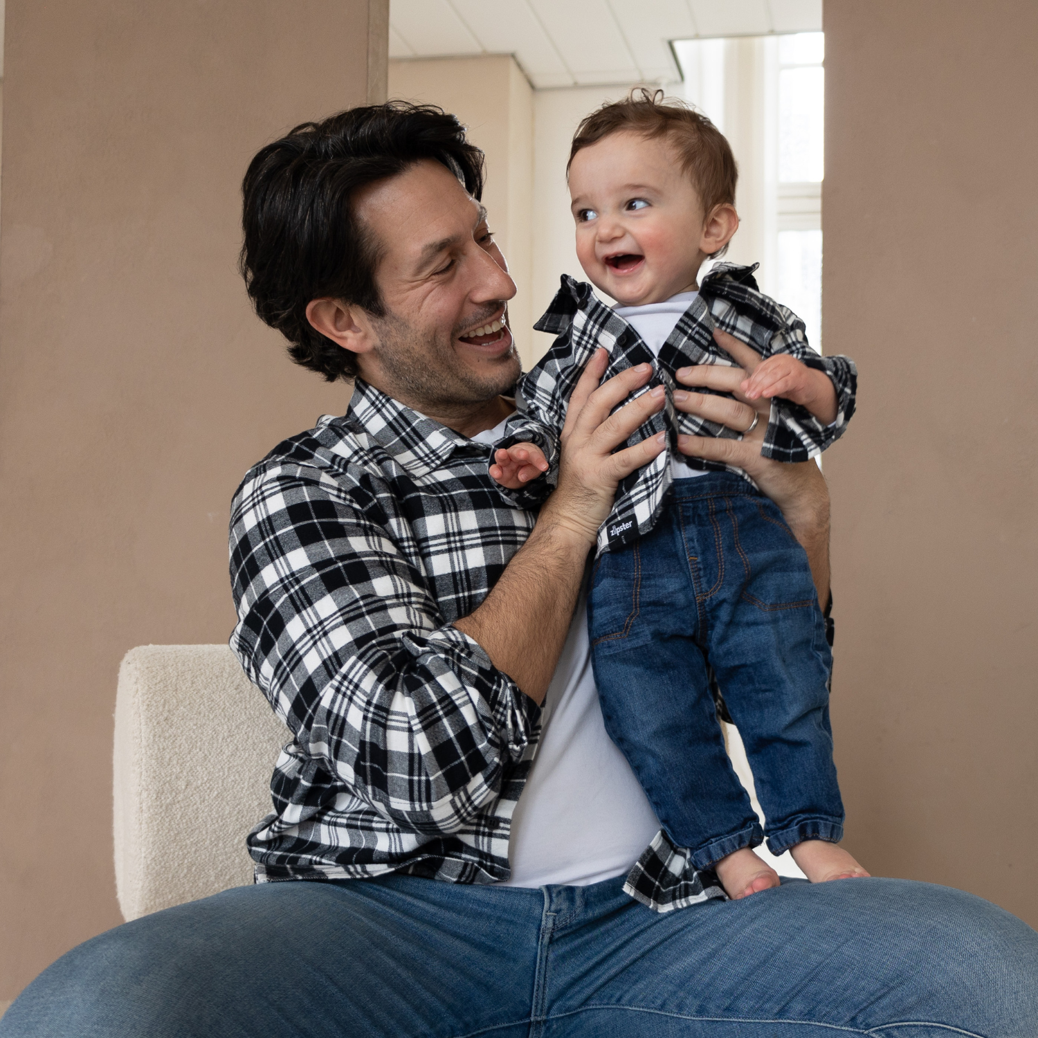 Dad & Mini Flanell-Overshirt-Set - Schwarzes Karo