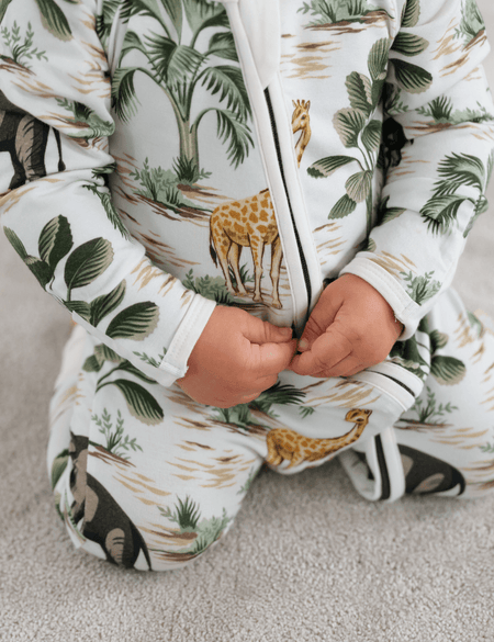 Zipster bamboo baby romper with double zip in jungle motif